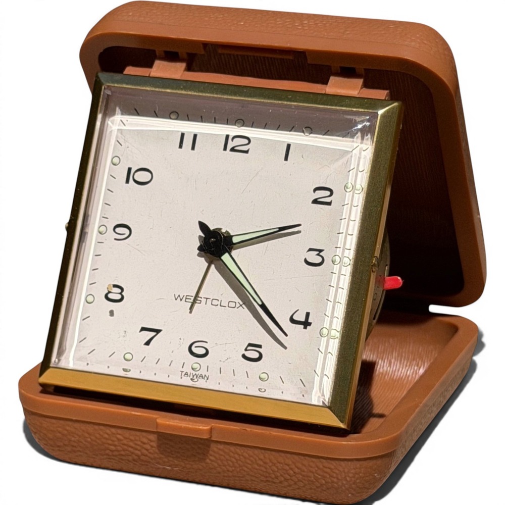 Westclox Travel Alarm Clock Folding Wind Up Brown Case Luminous Dial Taiwan